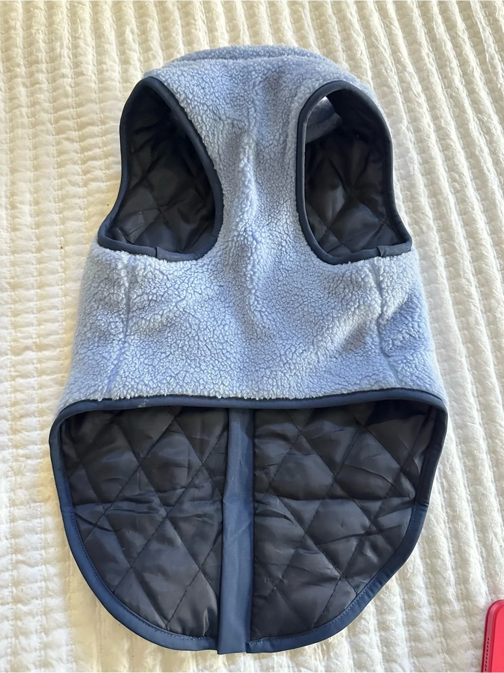 Light Blue Sherpa Dog Vest with Navy Trim